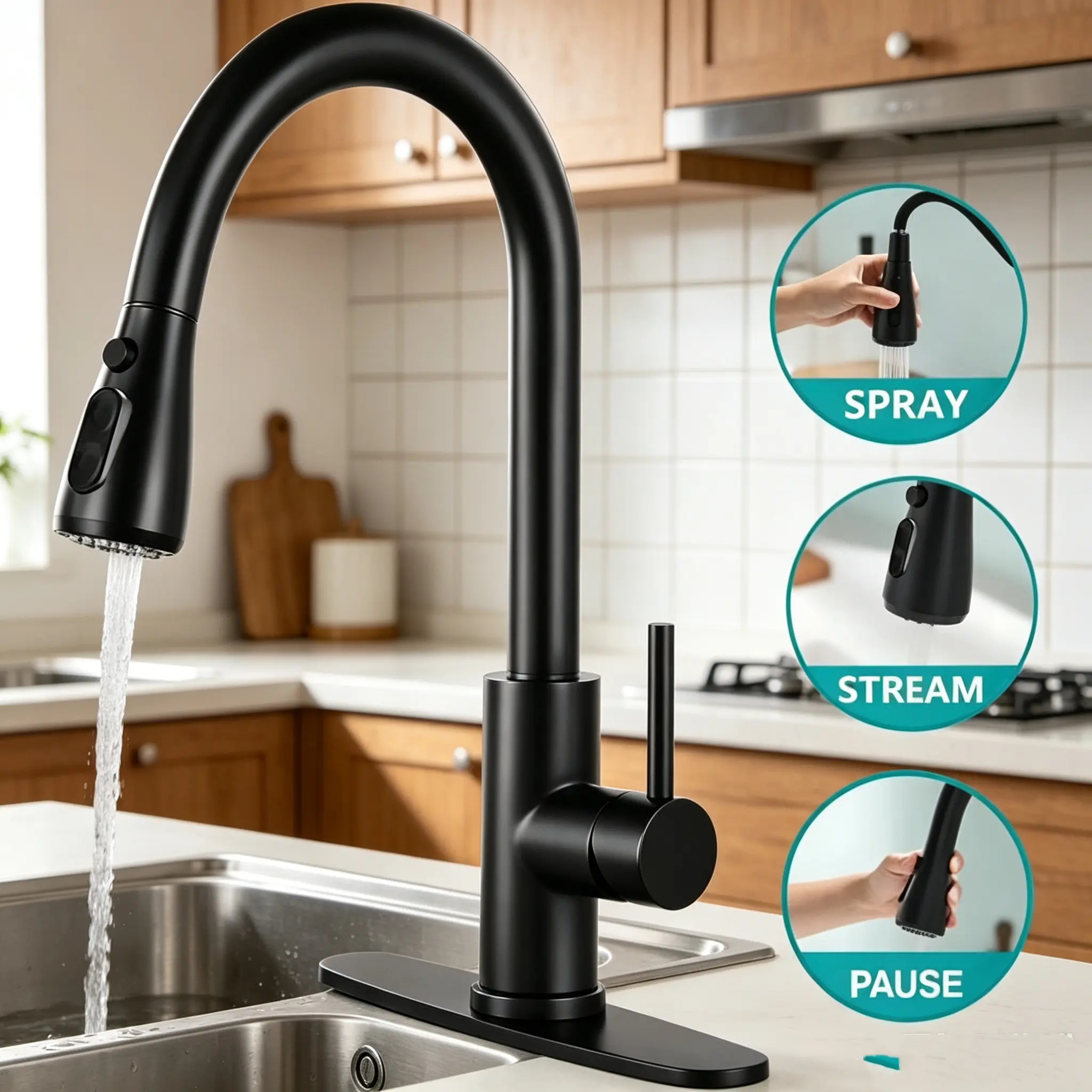 Deck-Mounted Easy Install Kitchen Faucet with Pull-Down Sprayer, High Arc Single Handle, Brushed Nickel Finish, Modern Faucet Kitchen Taps, Deck-Mounted Kitchen Taps