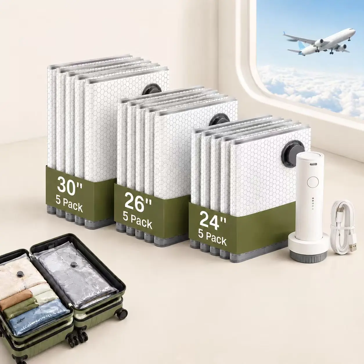 Cordless Travel Vacuum Bag Set with Rechargeable Air Pump，9/15-Pack Space Saving Storage Bags, Airtight Resealing Sealed Organizers for Luggage, Sturdy Lightweight Clothes Storage Solution, Vacuum Bags For Travel, Perfect Labor Day Gift