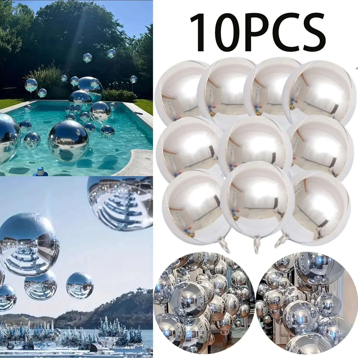10Pcs 22 Inch Silver Mylar Balloons, Large 4D Giant Round Foil Balloon Big Mirror Metallic Balloons for Birthday Party Gender Reveal Supplies