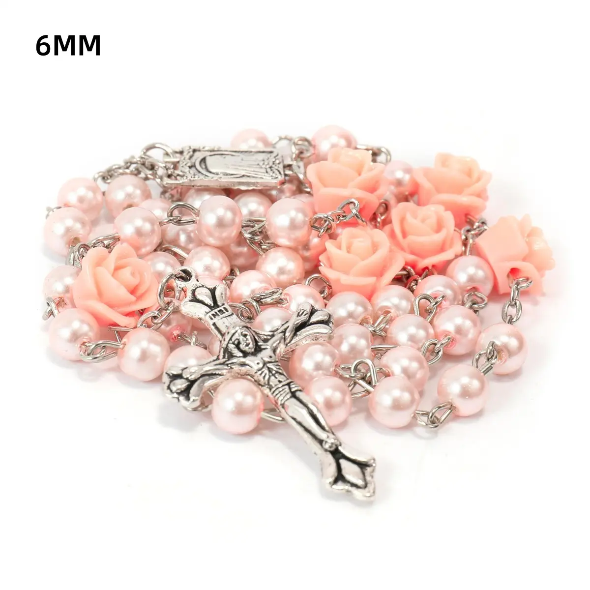 Catholic Rosary Beads for Women Men, Jerusalem Style 6mm Glass Pearl Faith Necklace with Rose Our Father Beads & Crucifix, Confirmation Gift, Beaded Cross Necklaces