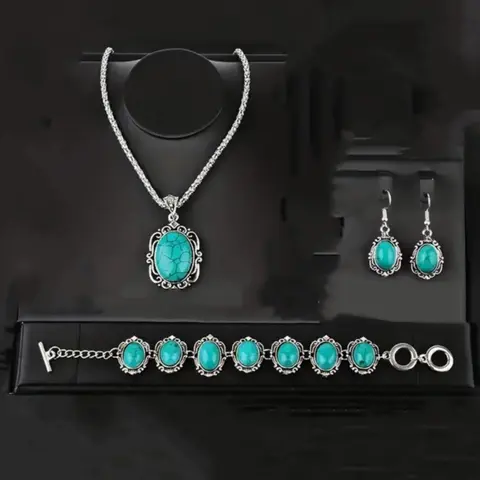 Boho Fashionable Necklace Bracelet Earrings Turquoise Inlay Vintage Flower Design Daily Wear Party Decoration Jewelry Sets