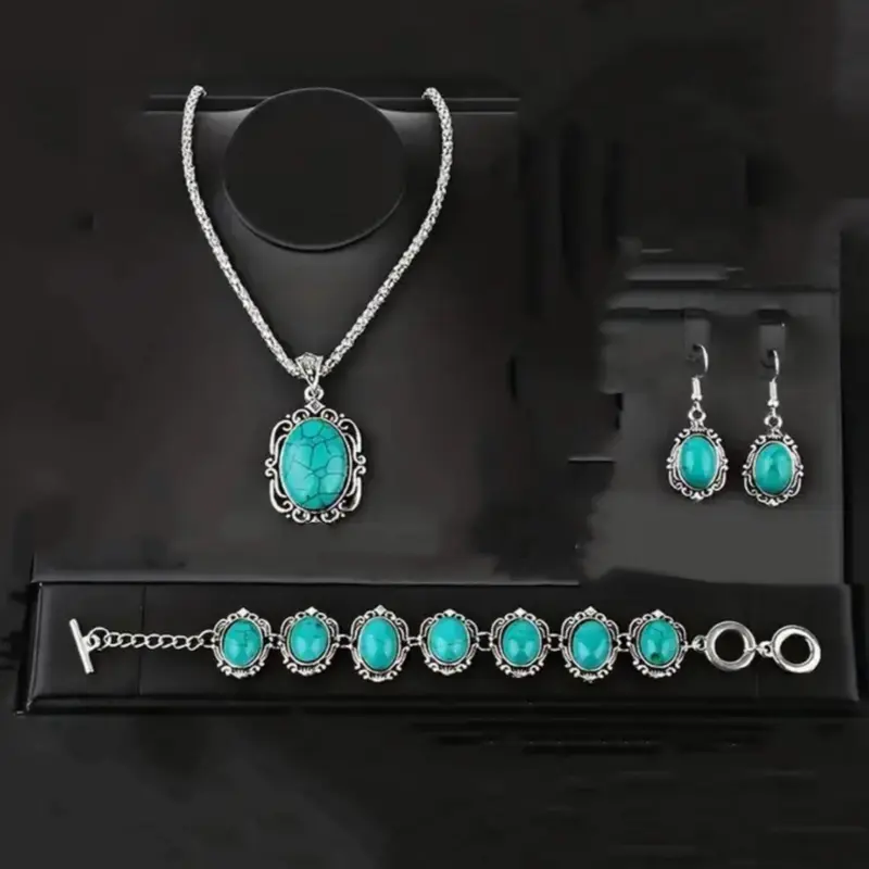 Boho Fashionable Necklace Bracelet Earrings Turquoise Inlay Vintage Flower Design Daily Wear Party Decoration Jewelry Sets
