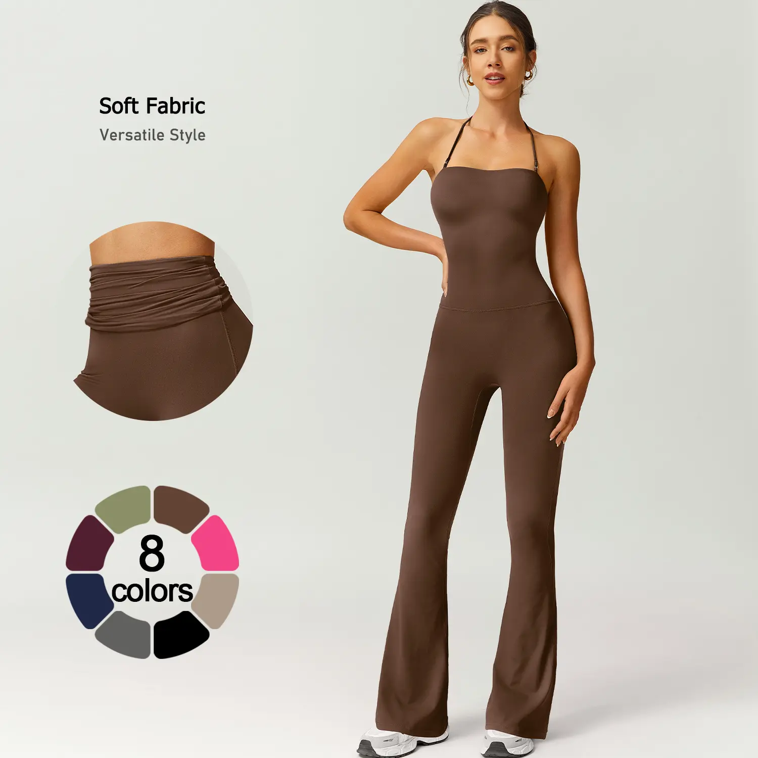 【TIMEOFF】Women Halter Jumpsuit, Strapless Tube Top Design With Ruched High Waist Flared Leg, Stretchy Soft Breathable Fabric, Body‑shaping Non‑rolling Waistband for Yoga Fitness Daily Casual Outing