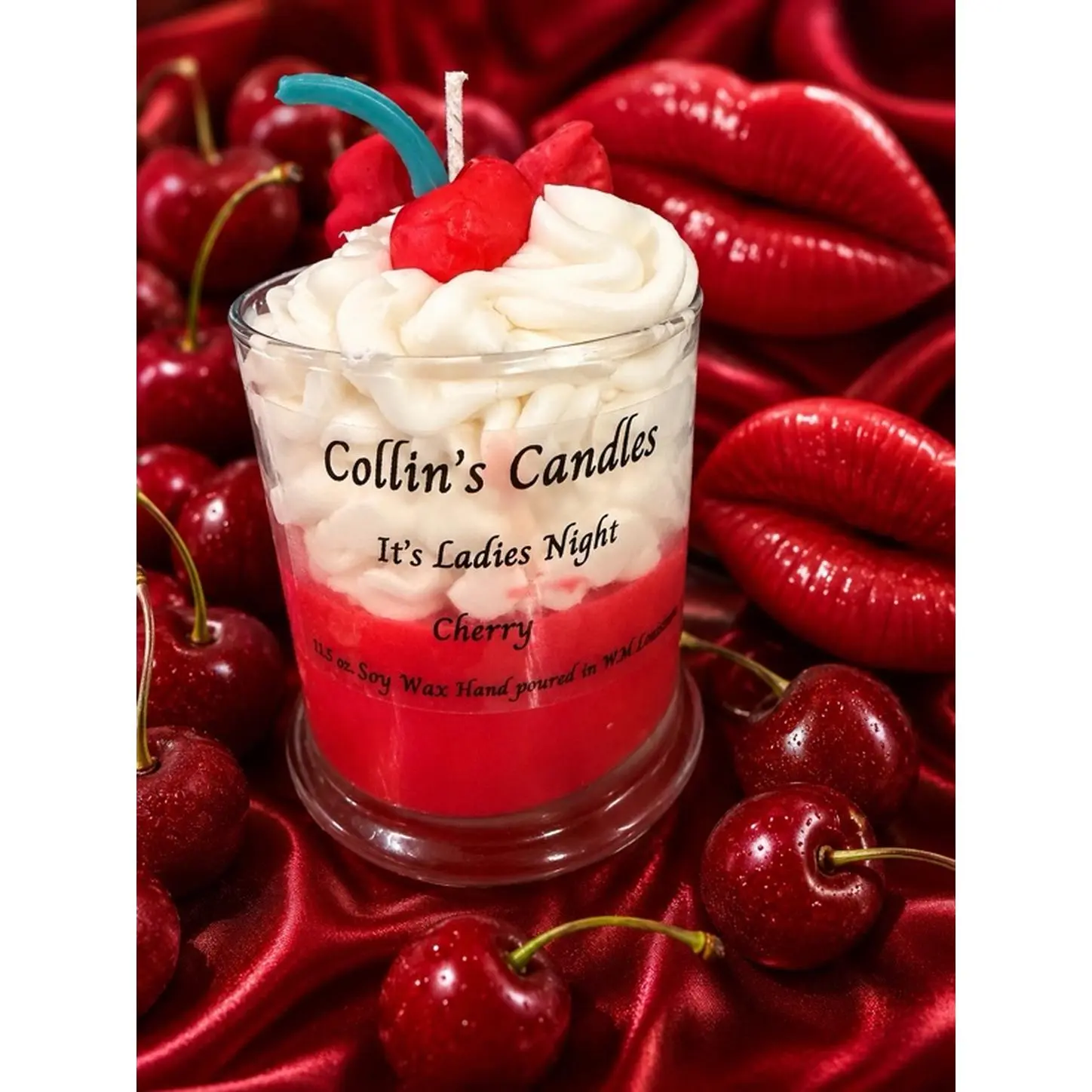 Collin's Candles It's Ladies Night 11.5 oz Soy Wax Candle with Whipped Wax Red Lips & Cherry on Top Show Piece
