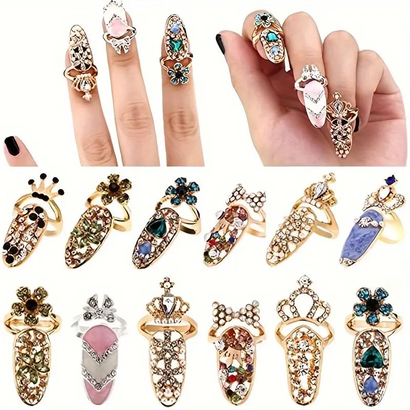 Luxury Fingernails Ring 12 Pcs - Fashion Bowknot Knuckle Nail Ring Decoration Tip Nail Art Charm Crown Flower Crystal Rhinestone Finger Nail Rings