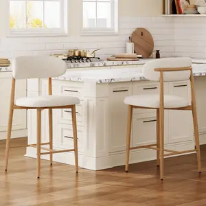 Counter Height Bar Stools Set of 2, Upholstered Counter Stools Modern Barstools with Metal Legs for Kitchen Island Dining Room, Beige    RR