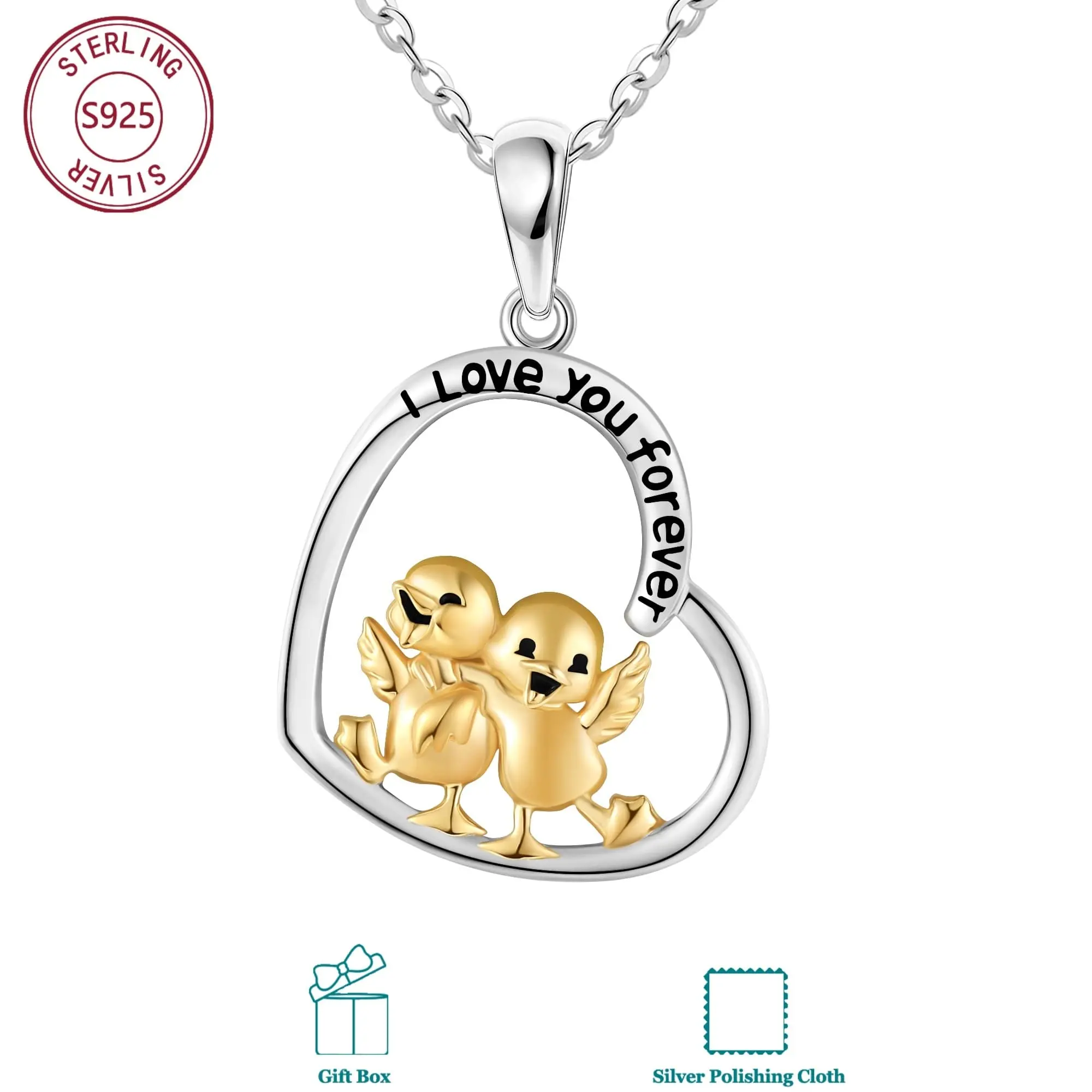 925 Sterling Silver Duck Motif Necklace, Non-natural Crystal Jewelry Pendant Accessory