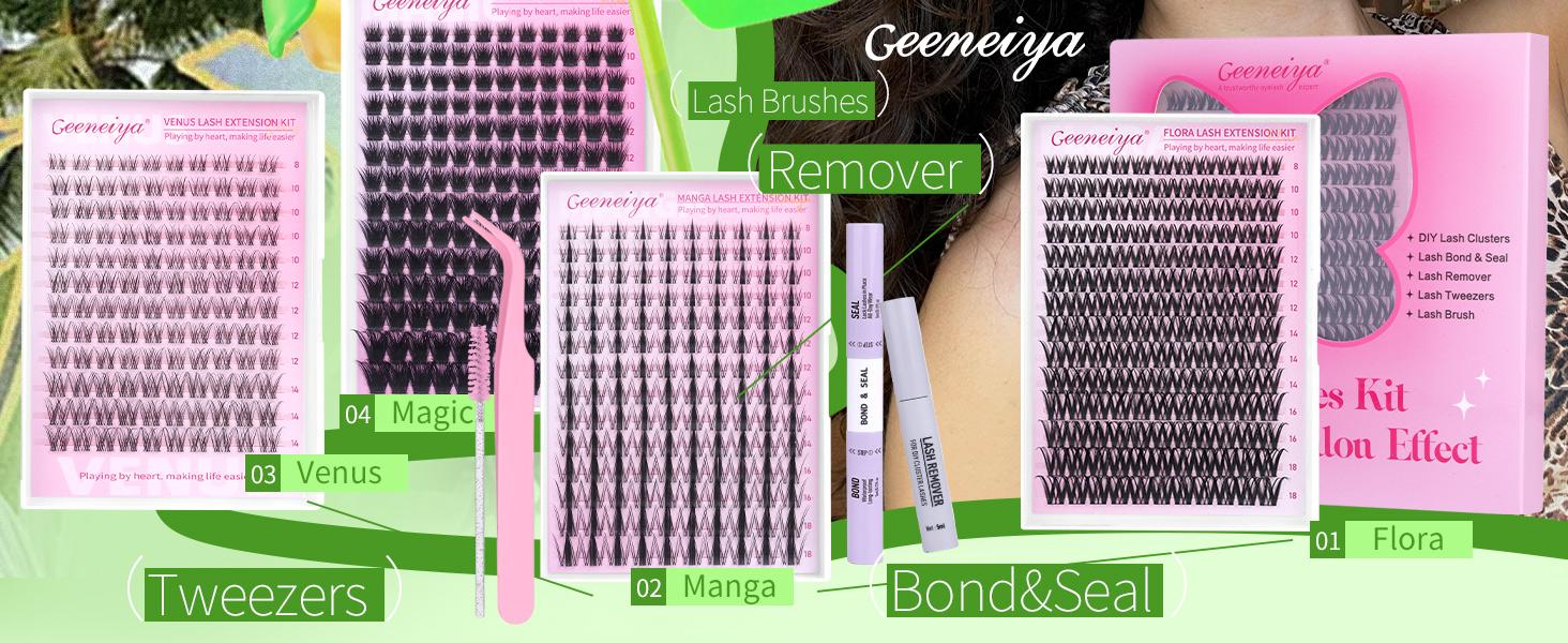 Geeneiya Lashes Waterproof DIY Lash Extension Kit, 8-18MM Wispy Lash Clusters Kit,Ultra-thin Soft Band Eyelash Extension Kit with Waterproof Lash Bond and Seal,Lash Remover,Tweezers for Girls Gift Makeup Cosmetic (Flora/ Venus/ Manga)TikTokShopBlackFriday