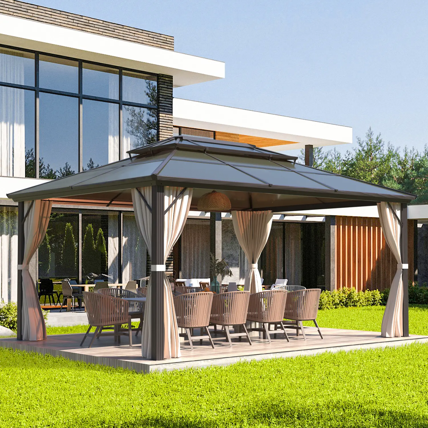 EROMMY Large Hardtop Gazebo - Outdoor Double-Top Polycarbonate Canopy Aluminum Frame Permanent Pavilion with Curtains, Netting, Pre-Drilled Base, Family-Friendly Windproof Sun Protection for Garden, Patio