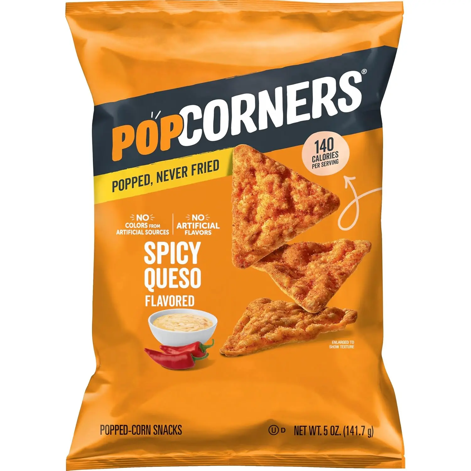 PopCorners Spicy Queso Popped Corn Snack Chips, Gluten Free Crunchy Corn Snacks, Bold Cheesy Flavor, 5 Oz Sharing Size Bag