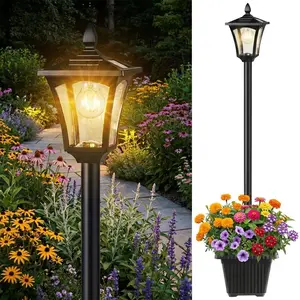 76" Solar Lamp Post Lights with Planter, Glass & Metal Street Light Outdoor Waterproof, 60 Lumens Dusk to Dawn Solar Pole Light for Garden, Yard, Driveway, Porch, Patio, Warm White