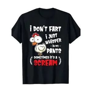 Funny Chicken Lover T-shirt-"I don't fart, I just whisper in my pants"-machine washable, black with cartoon cock print, vintage style, daily wear, for Couples
