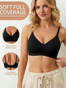 V Neck High Support Wireless Bra, No Steel Cup, Seamless Jelly Gel Lining, Medium Support, Fitted, All Seasons, Plain Pattern