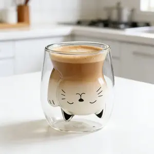 Cute Cat Tea Glass Cup, Dual-Layered Coffee Mug, Espresso Cup, Latte Glasses, Milk Cup, Personal Birthday Gift, Holiday Present, Kitchenware Drinkware, Glass Drinking Cup