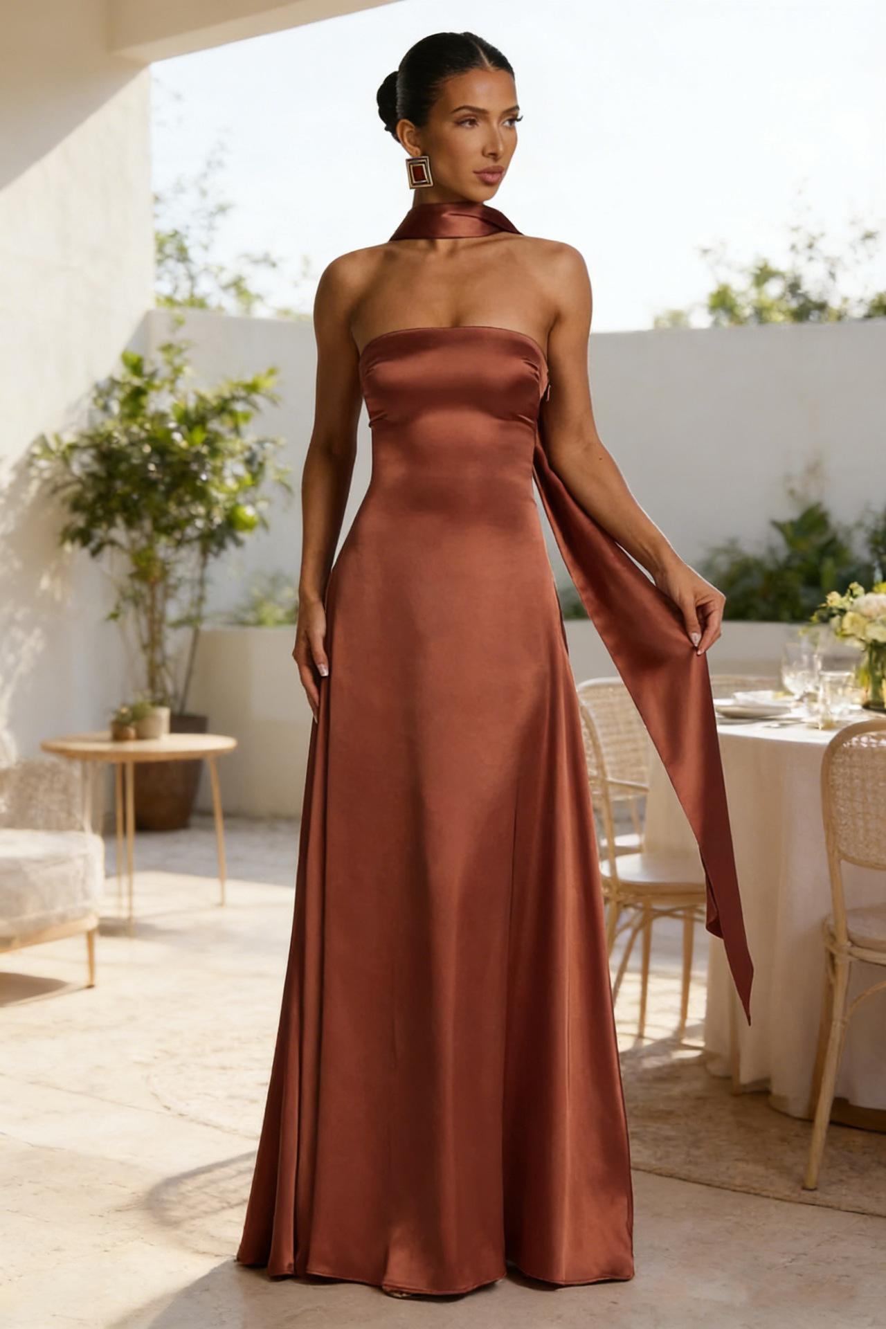 Womens Backless Tube-Top Waist-Cinching Evening Gown Long Dress