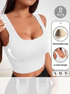 Women's Simple Padded Sports Bra Set, Wide Removable Pads, Comfortable Fit, Seamless Design, Ideal for Daily Wear and Fitness