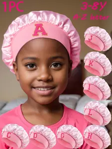 1PC Princesses! Pink Letter Embroidery Hair Care Bonnet,Anti-Hair Tangling | Kids Satin Hair Care Sleep Bonnet 3-8Y A-Z 26Letters