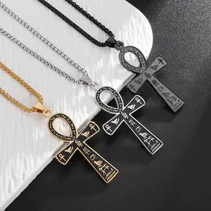 Ancient Egyptian symbol Ankh cross titanium steel necklace Christmas holiday gift