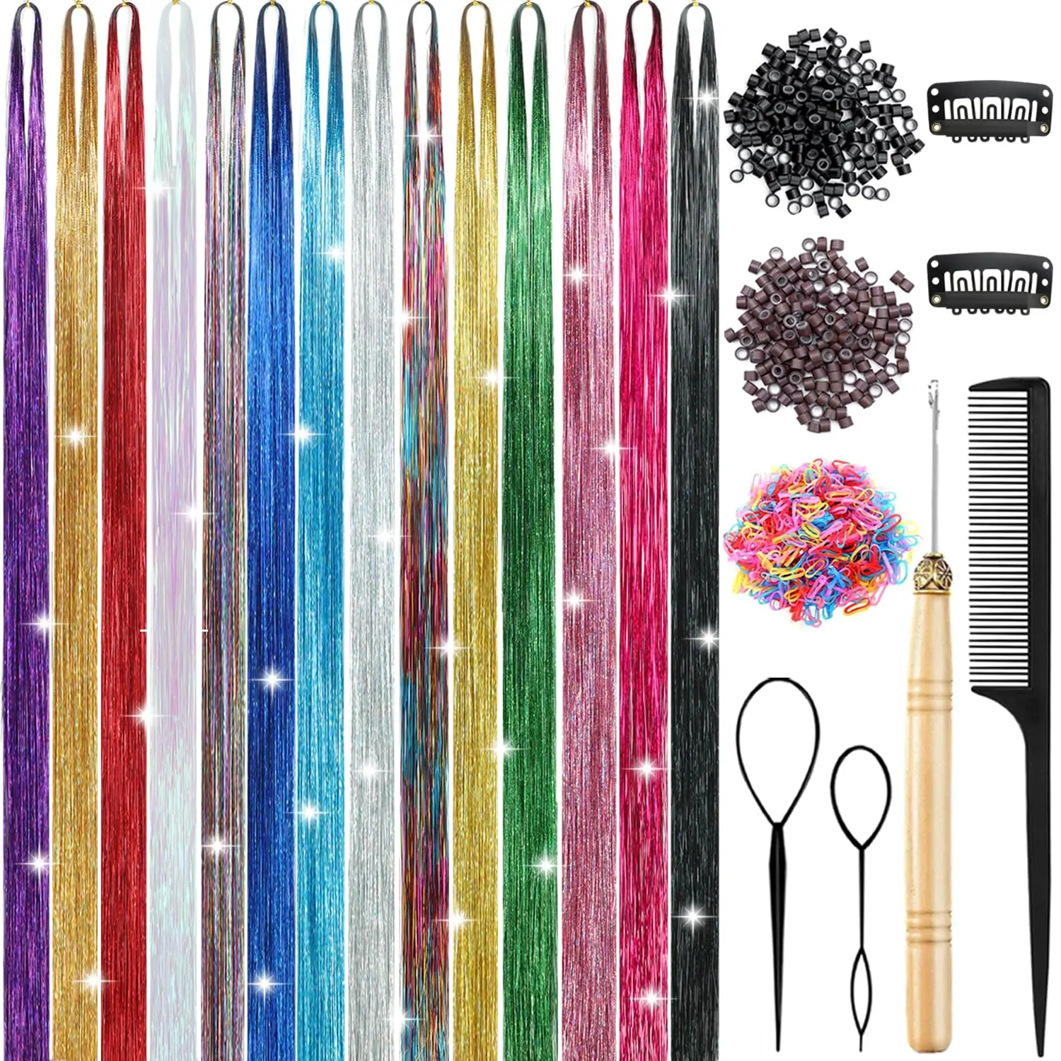 Hair Tinsel, 6000 Strands 48 Inch Hair Tinsel Kit with Tools Glitter Tinsel Hair Extensions Heat Resistant Shinny Sparkling Fairy Hair Accessories for Women Girls (14 colors)