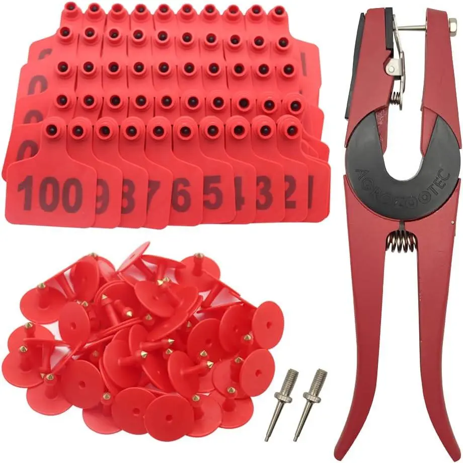 Numbered Plastic Cattle Ear Tags Kit - 001-100 Range, Red, Livestock Animal Tag Applicator, Livestock Management Supplies