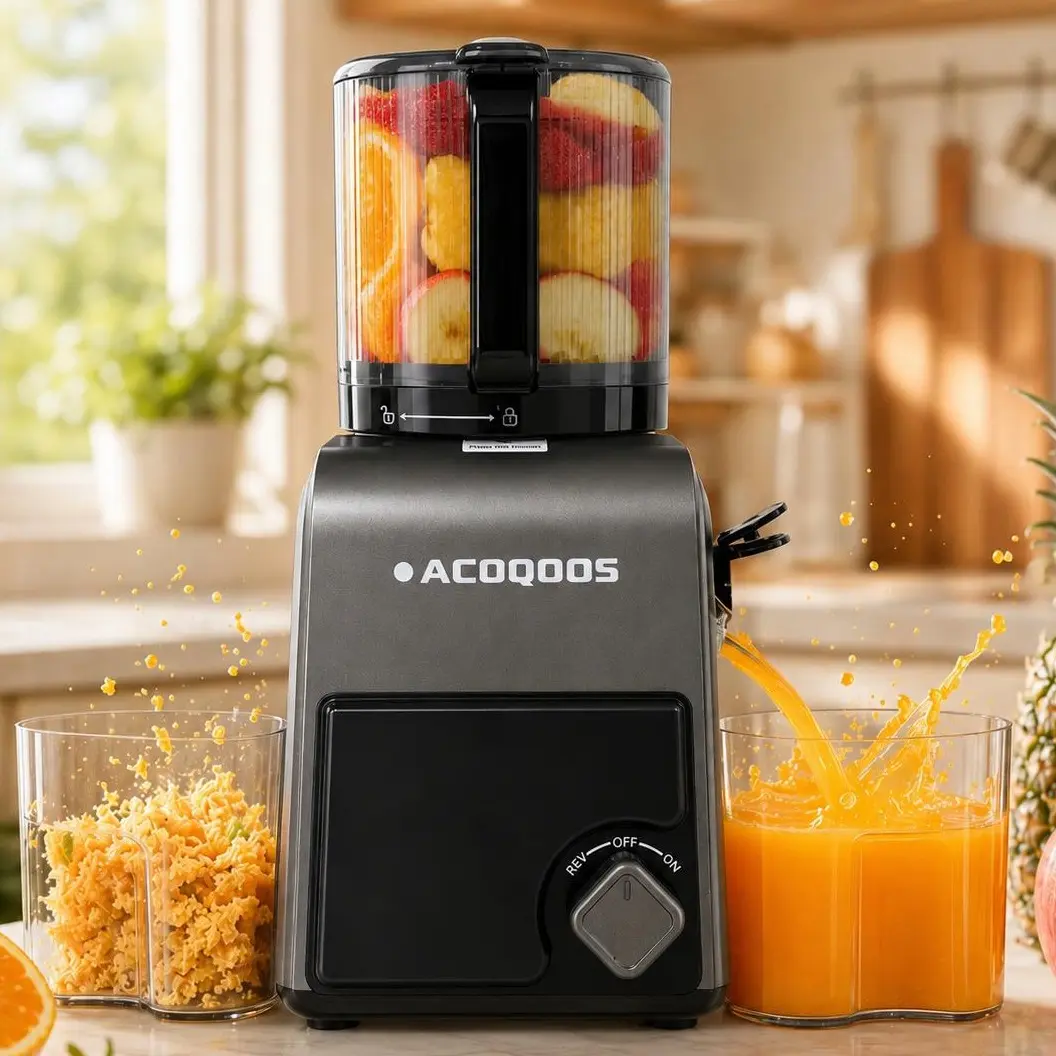 ACOQOOS Compact Vertical Cold Press Food Juicer - 6.5in Wide Mouth Slow Masticating Household Appliances Machine for Whole Fruits, Vegetables, Whole Food Compatible, Dishwasher Safe, High Juice Yield, Easy to Clean
