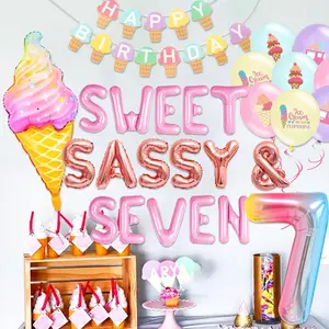 LaVenty 7th Birthday Party Decorations Sweet Sassy Seven Birthday Decorations for Girls With Donut Banner Sweet Cake Topper 7th Foil Balloon Sweet Seven Party Supplies