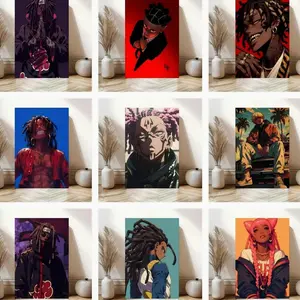 Ebonique Black Anime Wall Art African-American Urban Culture Street Art Braided Hair Theme Paintings Black Poster Canvas Wall Art Men's Cave Decor