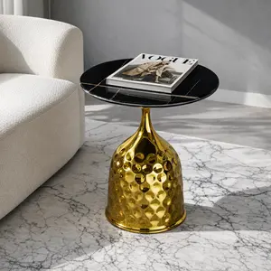 Small Round Marble Side Table,Black Circle Bedside Table with Gold Metal Base,Modern Balcony Table with Tea,Marble Nightstand for Bedroom,17''Stone Top End Table for Living Room,Sturdy and Quite Strong