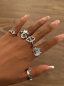Women's Fashion Jewelry Set, Heart Key Butterfly Design Rings, Dainty Stacking Rings, Stackable Rings, Adjustable Rings, Perfect Gift for Women & Girls, Stylish Accessory for Daily Wear, Heart Cluster Ring