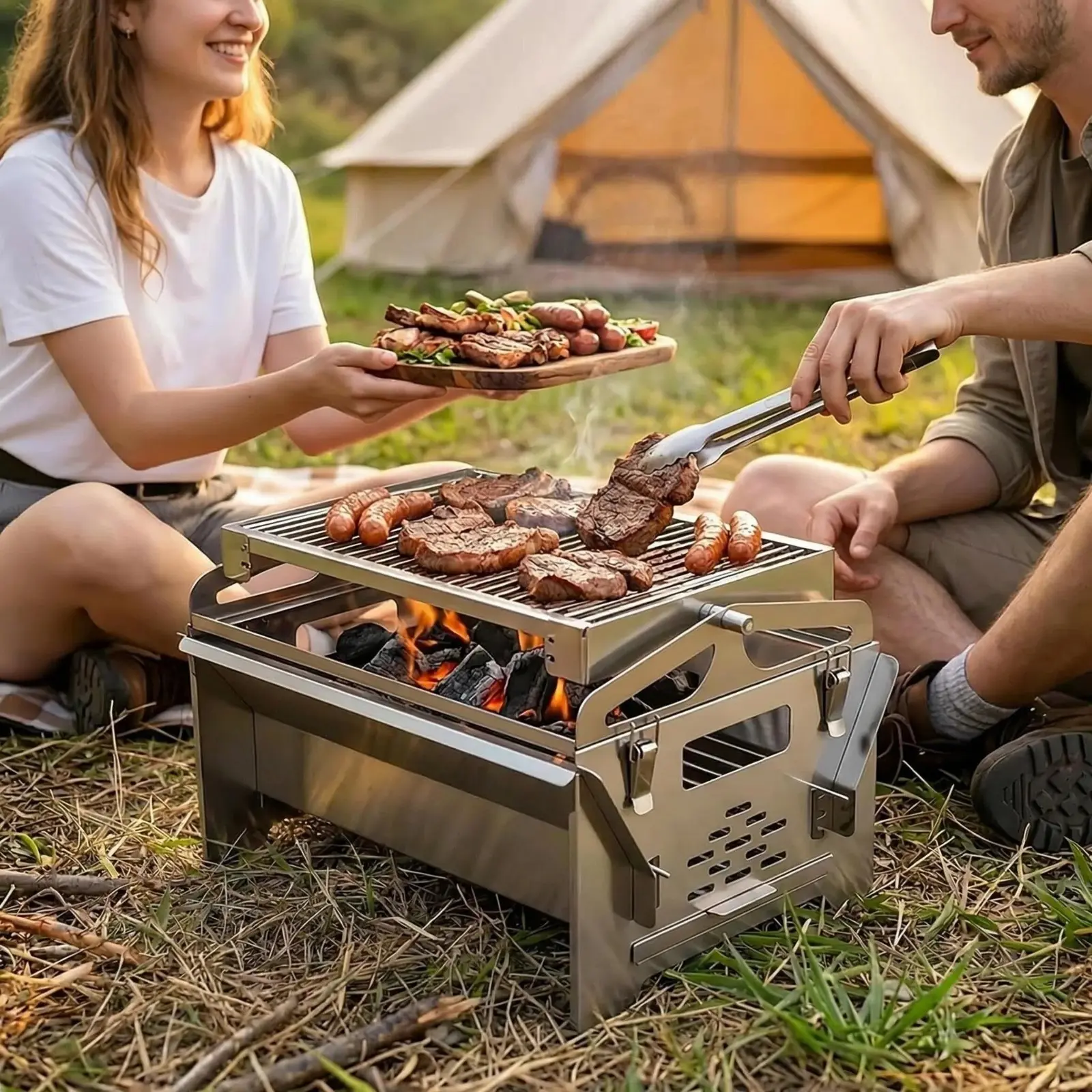 360° Rotating Charcoal Grill with Flipping Basket, Portable Stainless Steel BBQ Grill for Camping, Picnic & Backyard, Detachable Outdoor Barbecue Smoker Grill with Carry Bag, Picnicware, Camping Kitchenware, Grilling, 15.6' × 15.4' × 11'