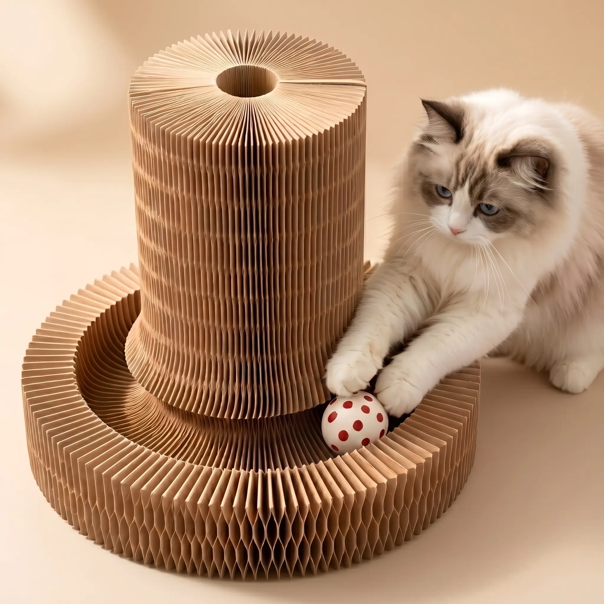 Magic Accordion Cat Scratching Board with Interactive Ball Toy, 2-in-1 Foldable Cat Scratcher Lounge & Toy, Durable Cardboard Cat Toy, Versatile Creative Shapes for Spine Protection & Furniture Protection