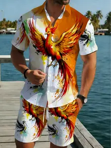 Men's lightweight polyester summer outfit (a combination of shirt and shorts), featuring a vibrant phoenix pattern, is perfect for casual outings at the beach, by the pool, or for daily activities. This outfit comes in two colors - white and orange - and