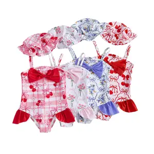 Toddler Baby Girl Swimsuit Set Flower Bow Spaghetti Strap Bathing Suit with Hat 2 Piece Set for Beach Pool 6M-4Y