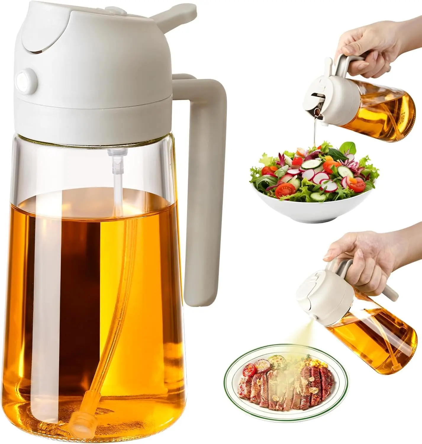 16oz/470ml Oil Dispenser and Oil Sprayer, Glass Olive Oil Pourer for Kitchen, Air Fryer, Cooking, Salad, BBQ