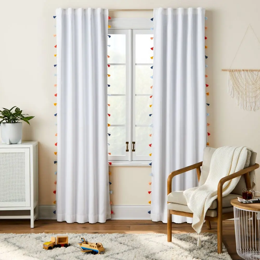 Pillowfort 95" Plain Weave Blackout Curtain Panel with Tassels - Curtain for Windows, Window Hanging for Kids Bedroom