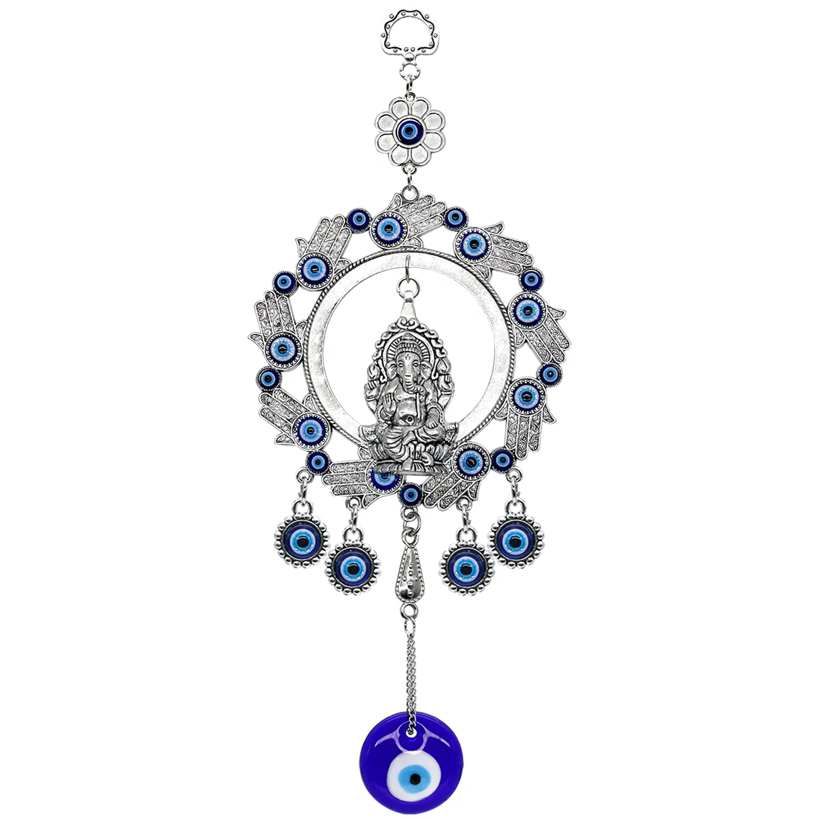 Large Blue Evil Eye Hindu Ganesha Idol Hamsa Hand Wall Decor Car Charm Diwali Hanging Decoration Nazar Amulet Door Window Hanging Home Protection Blessing Ornament Housewarming Birthday Spiritual Gift