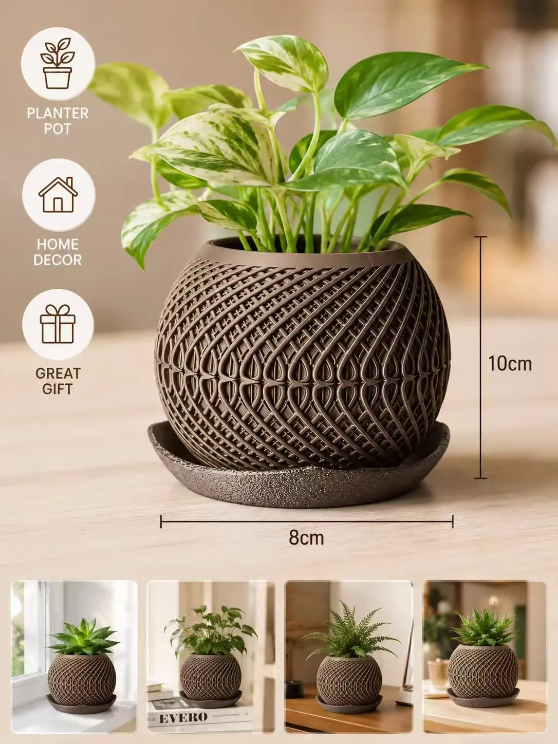 Brown 10cm x 8cm Decorative Planter with Intricate Design for Home Decor