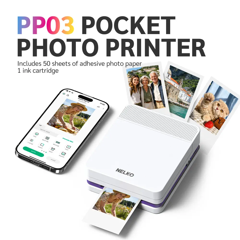 Nelko PP03 Instant Smartphone Photo Printer with 50 Photo Papers, Portable Mini Color Wireless Bluetooth Printer for iOS & Android, Valentine's Day Gift with Fun Editing App for Instant Prints