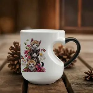 1PC Cute Cat & Flora Color Changing Mug, Heat-Activated Magic Reveal Coffee Mug, Thermosensitive Ceramic Mug with Heart Handle, 11oz/330ml, Novelty Drinkware, Perfect Gift for Cat Lovers