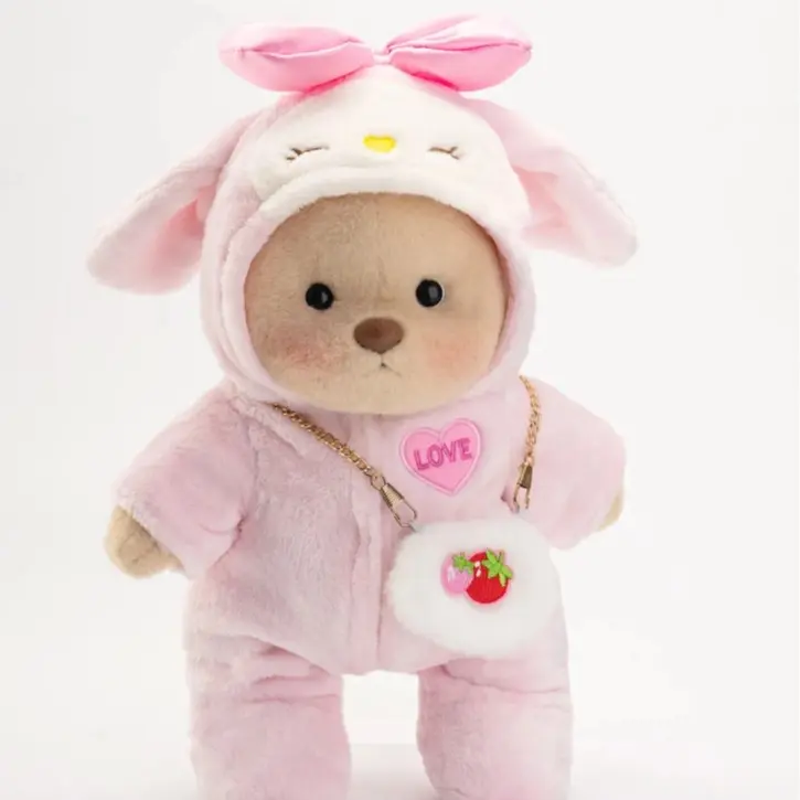 Getahug Handmade Brown Strawberry Teddy Bear - 9in Posable Jointed Collectible, Cute Stuffies, Bow-Adorned Bunny Accent, 7.5” Width, Soft Polyester Fill, Love Gift for Kids