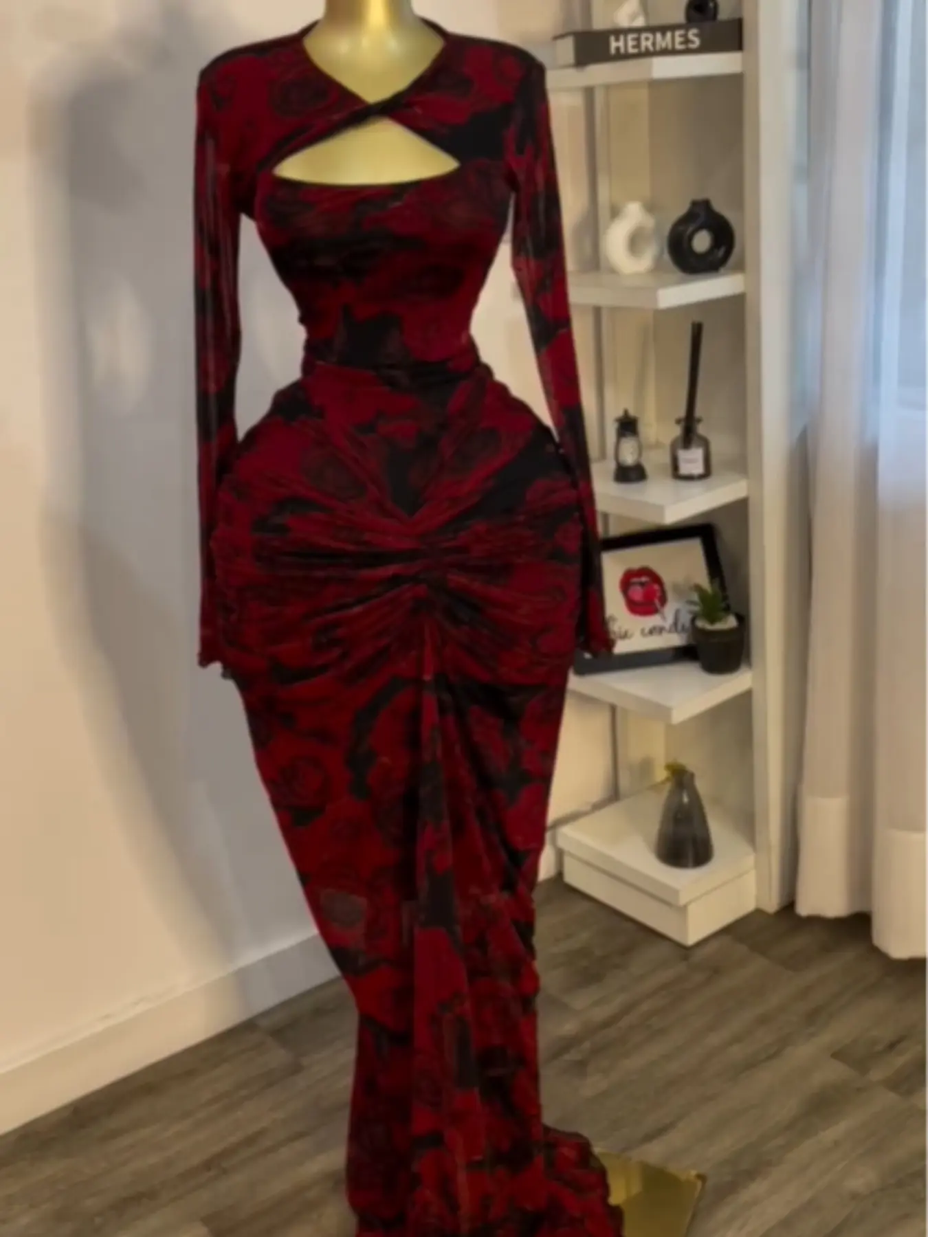 PULKRITU Women's Long-Sleeve All-Over Print Cut-Out Bodycon Knitting Dress, Elegant Evening Gown, Formal Cocktail Party Dress for Autumn