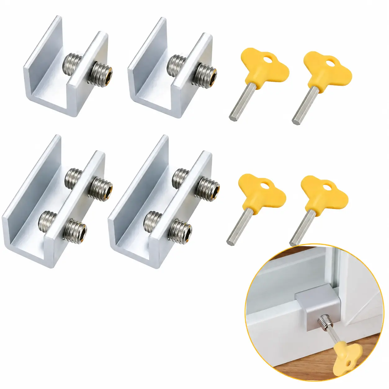 4 Pack Aluminum Window Lock with Key, Adjustable Sliding Window Restrictor, Anti-Theft Safety Lock for Kids