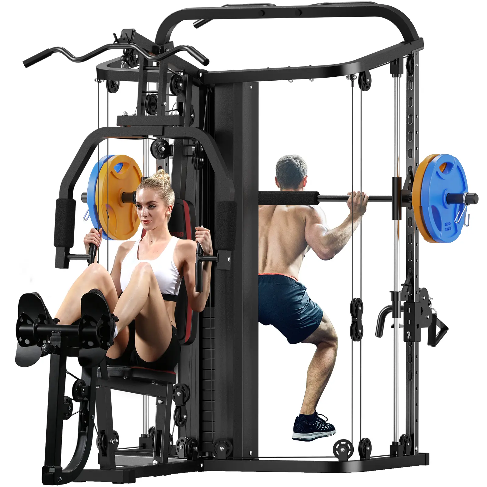 SunHome Multifunction Home Gym System Workout Station - Adjustable Smith Machine with 138LB Weight Stack, Dual Action Press Arms, Vertical Butterfly, Leg Press, LAT Station for Full Body Training, Chest Press Machines