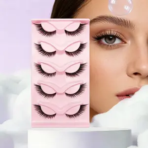 Fox Eyelashes 5 Pairs Natural One-Piece Black-Stem Cat-Eye False Eyelashes 5D Design Voluminous Lightweight Faux Mink Lashes for Daily & Special Occasions Makeup Flawless Gentle Pack Cosmetic Synthetic