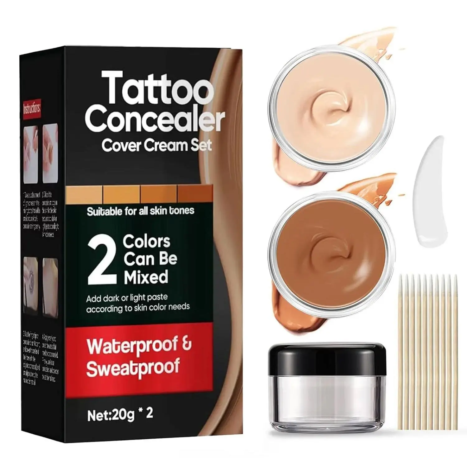 Tattoo Coverup Makeup, Gentle and Sweatproof Formula with 2 Mixable Shades for Body & Face, All Day Coverage Cosmetic for Sports, High Coverage, Flawless Concealer, Long Lasting, Face Body Cosmetic, Water Proof, Cream, Strong Coverage