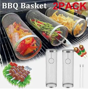 2 Pack Rolling Grilling Basket – Stainless Steel BBQ Tool with Removable  Handles