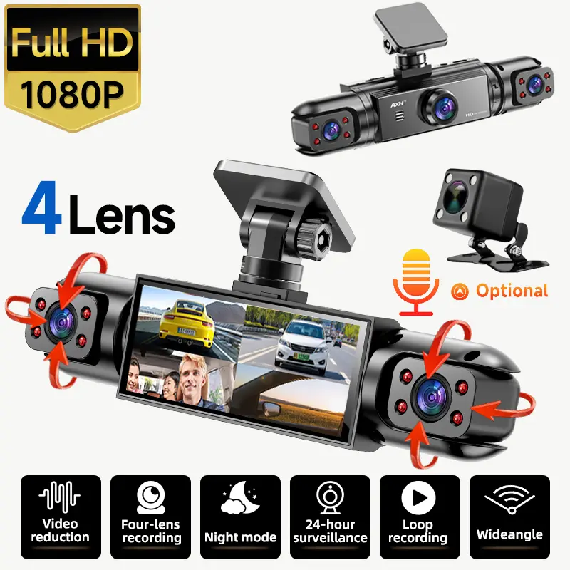 【Not wireless】4 Channel Car Dash Cam ,1080P Front+720P Rear Left Right Dashcam， with 64GB Memory Card,Car DVR Hd Screen