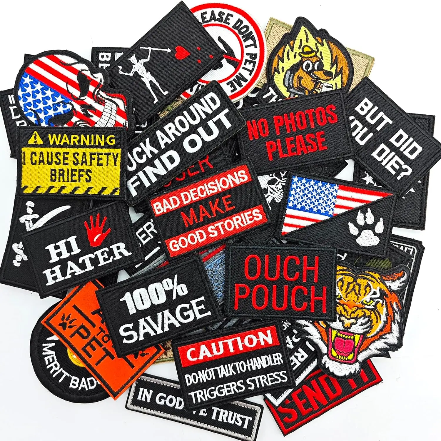 20 Full Embroidery Tactical Patches - Random Funny Patterns, Hook-and-Loop Backing - Outdoor Activity Accessories for Caps, Bags, Backpacks, Jackets, Cosplay
