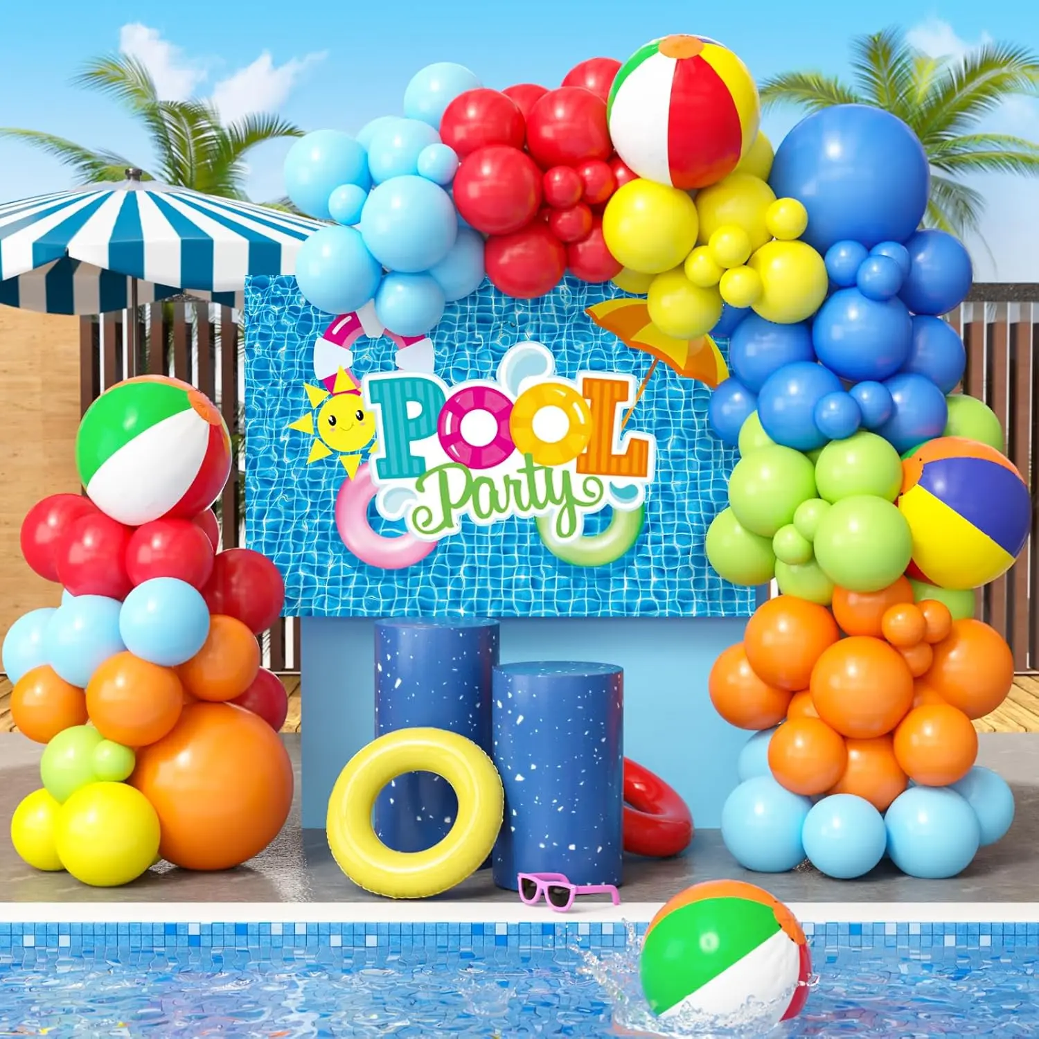 129Pcs Pool Party Decorations Set – Summer Birthday Supplies, Balloon Garland Arch Kit with Backdrop, Tropical Hawaiian Beach Party Decor, Outdoor Swimming Pool Party Decorations Kit
