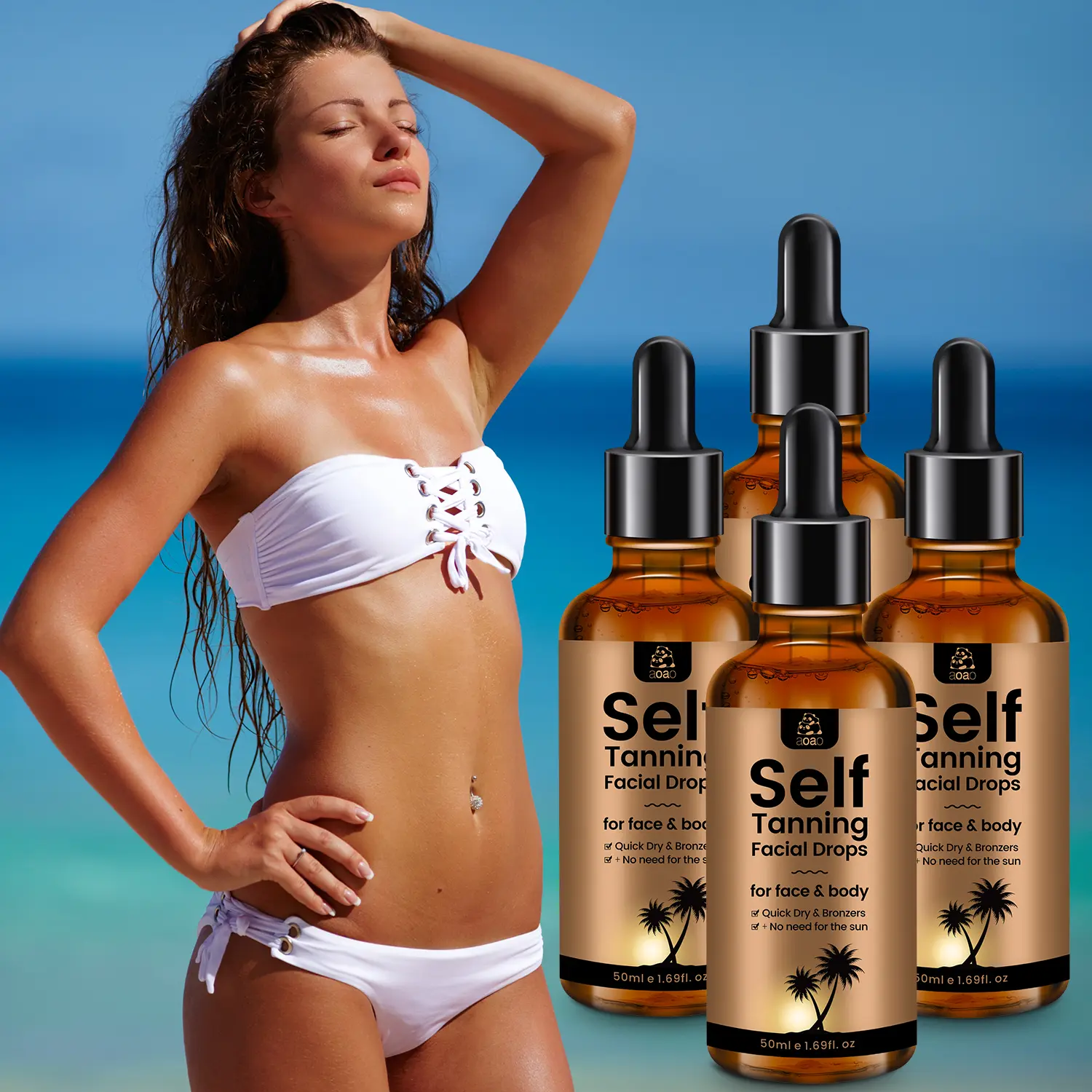 AOAO Self Tanning Facial Drops (4 Pack) - Customizable Face & Body Bronzer for a Natural Glow